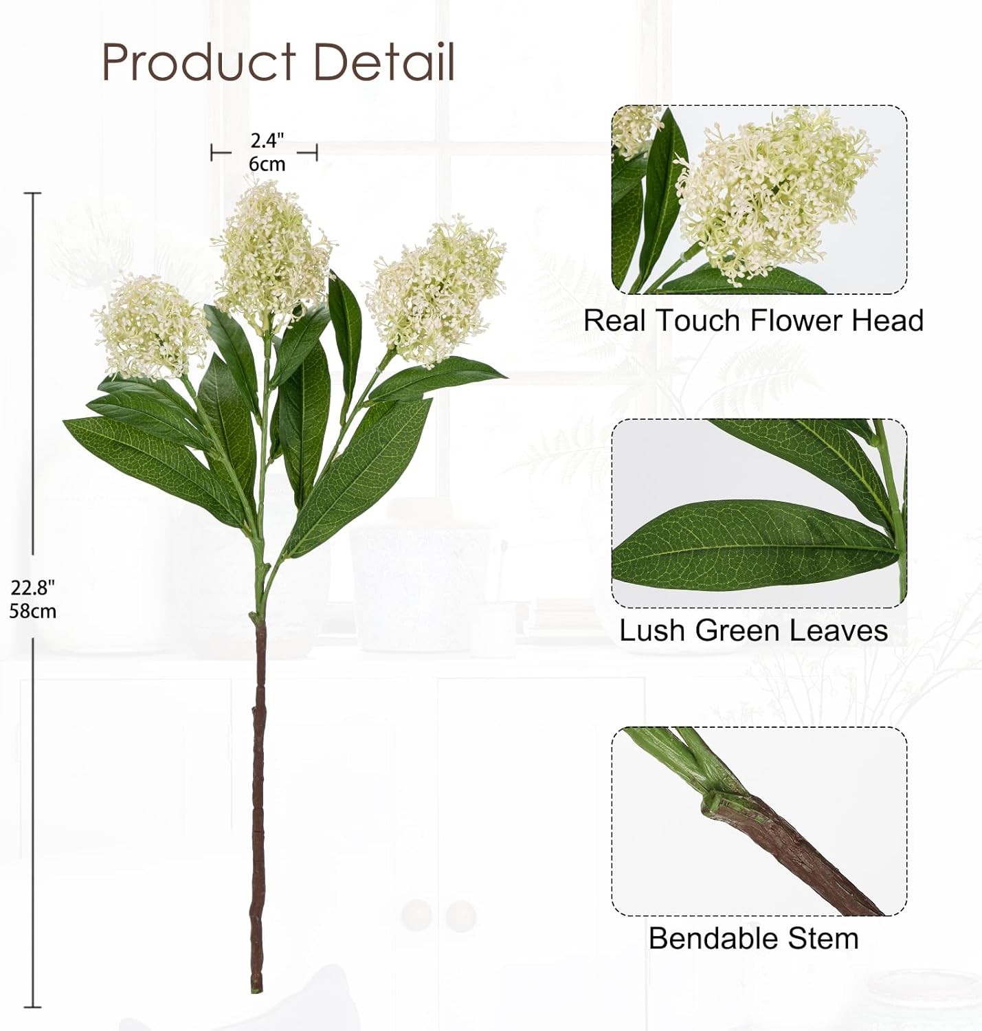 3PCS Artificial Flowers Faux Skimmia Spray with Leaves 22.8 Inch Long Stem Fake