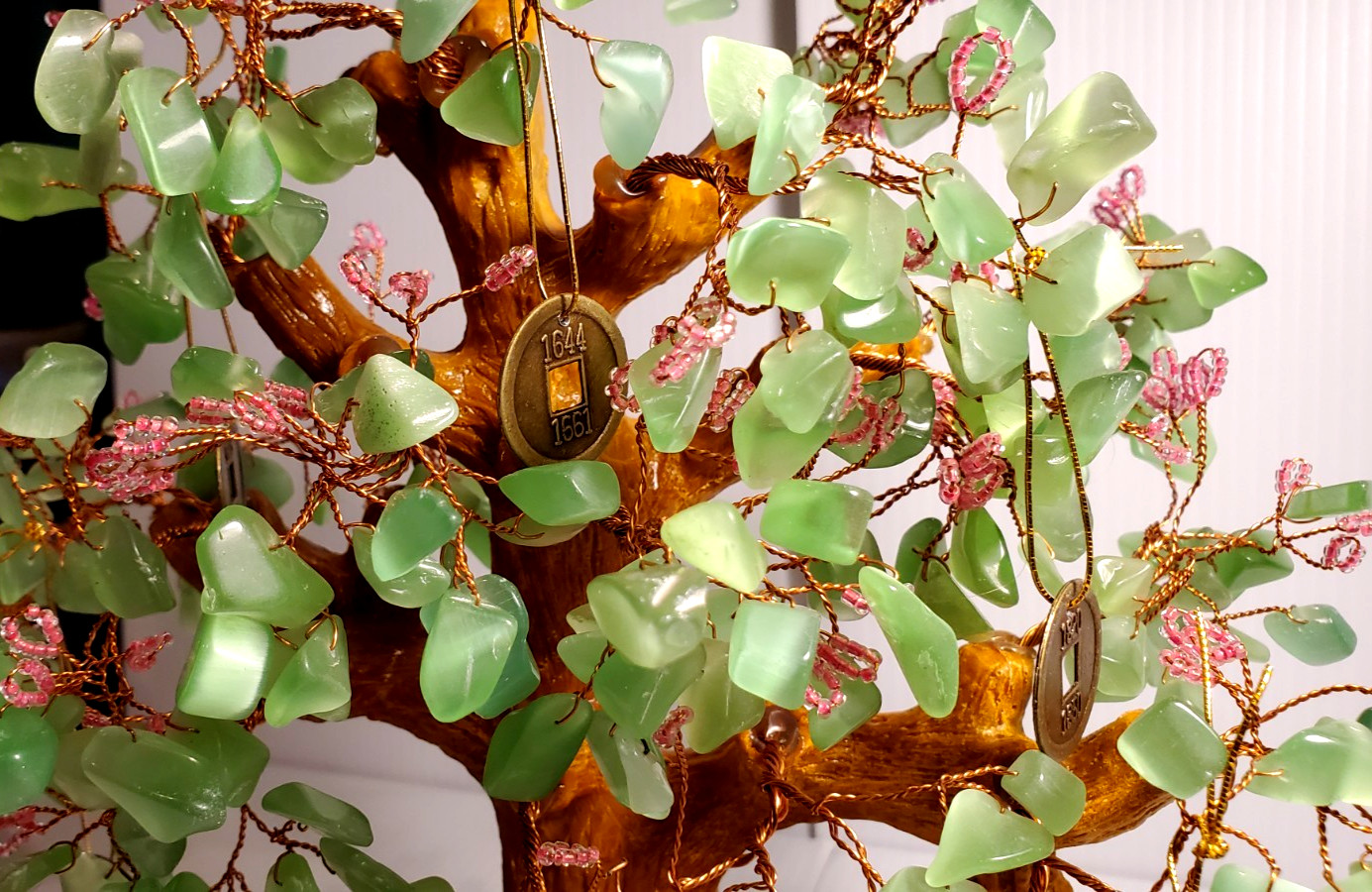 Vintage Bonsai Pink Flowers Green Glass Leaves Good Luck Money Coin Tree