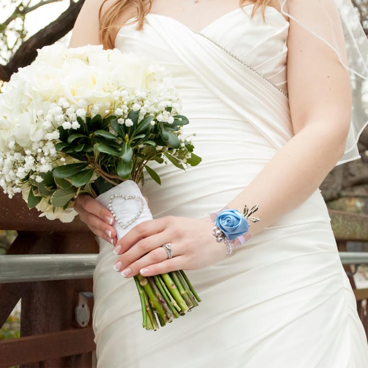 1 Pcs Wrist Flower Wedding Bridesmaid Bride Corsage, Decoration Hand Light Blue