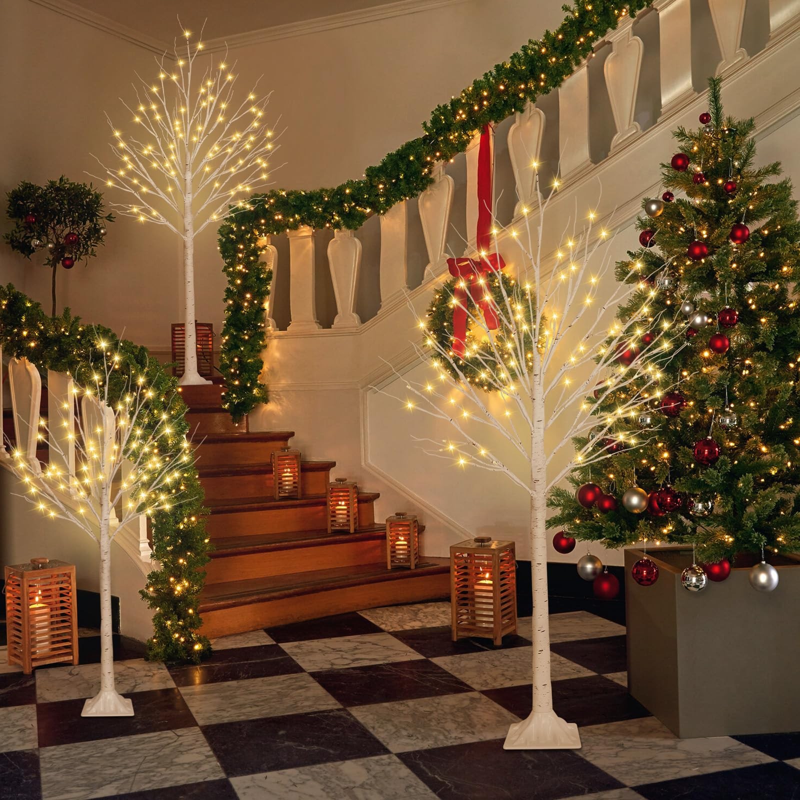 3 Pack 4FT 5FT and 6FT 300LED Christmas Lighted Birch 3Pack 456FT, Warm White