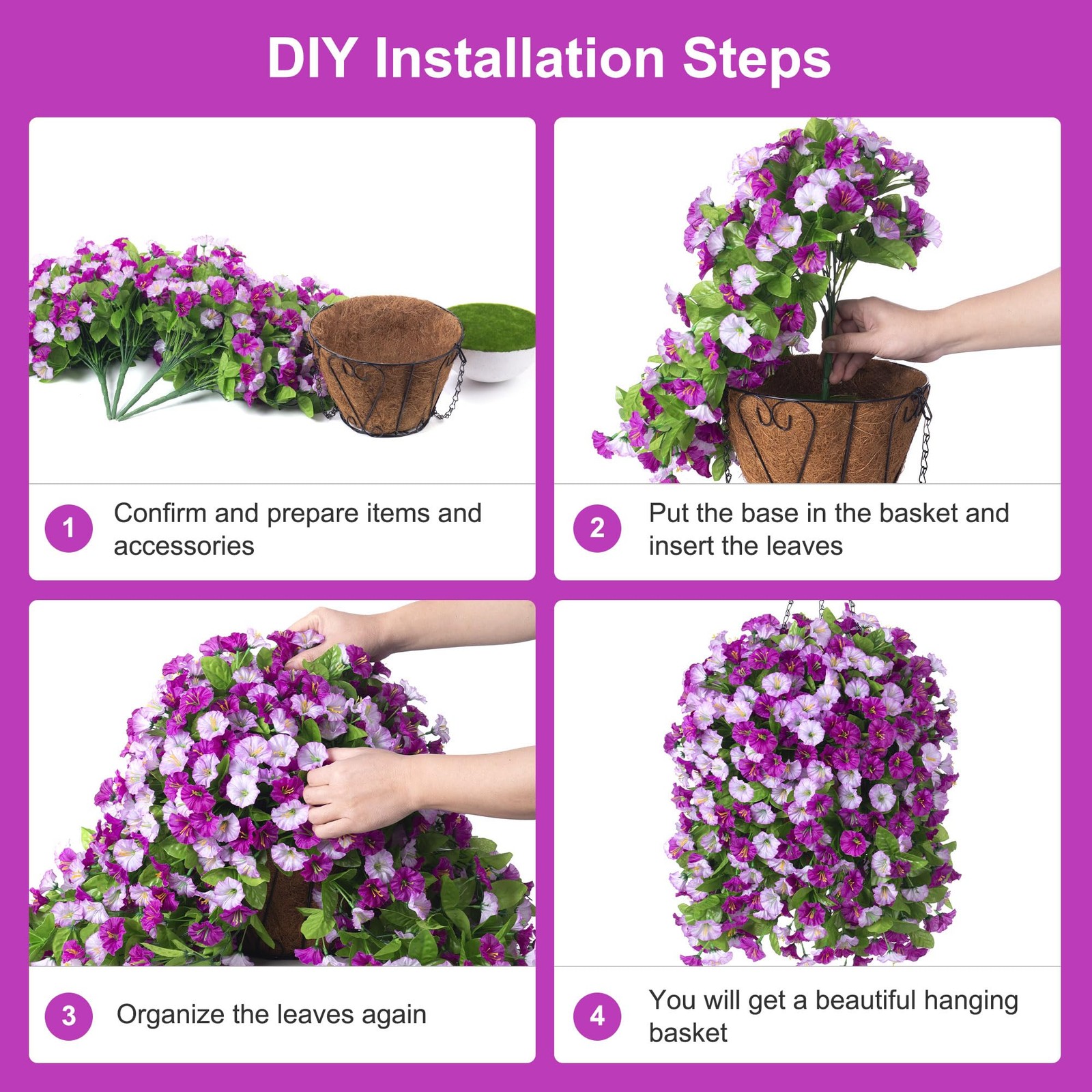 Artificial Flowers with Hanging Basket, Outdoor Faux Plants Silk Morning Glor…