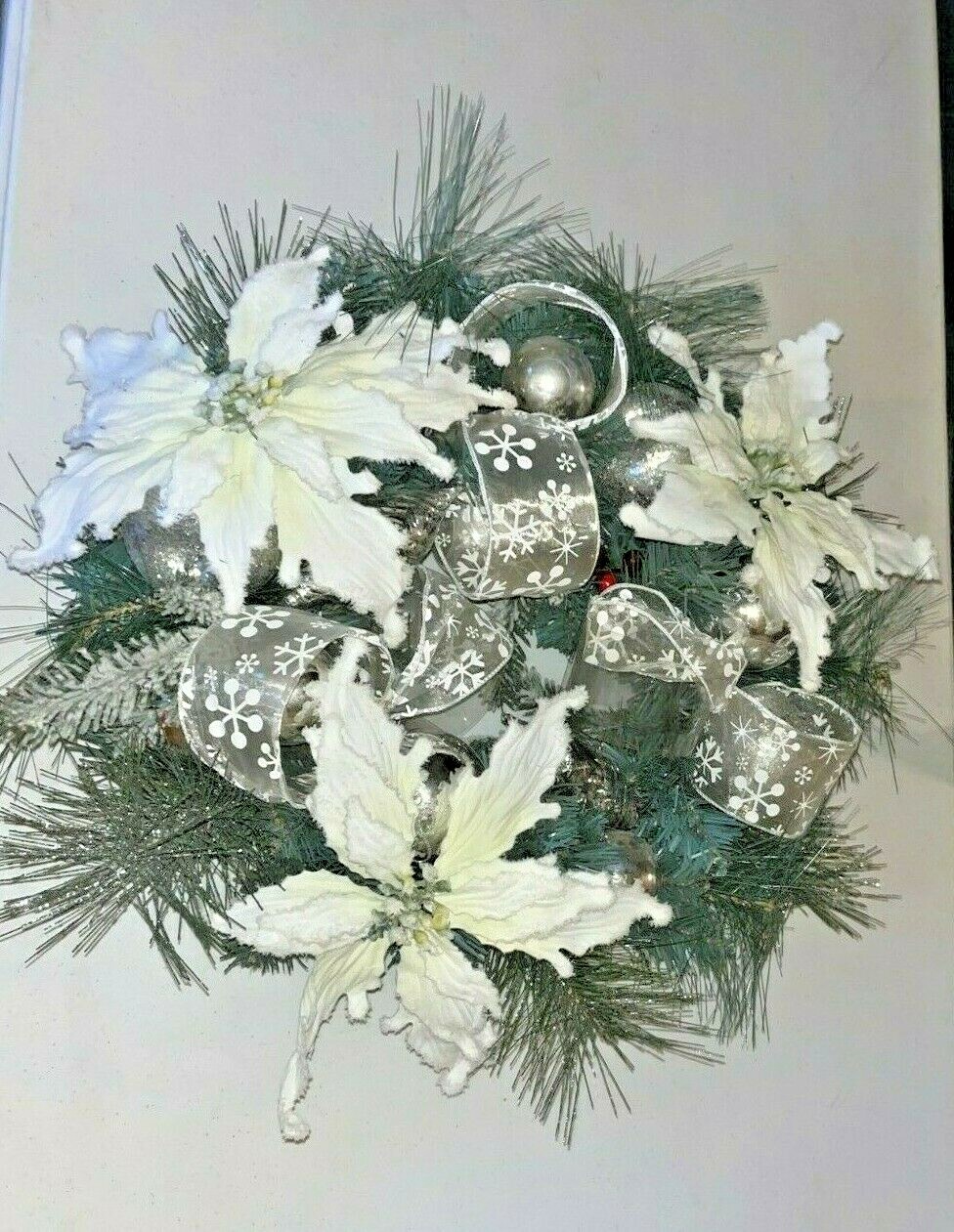 Gorgeous Winter / Christmas Wreath for Front Door With White Flowers and Ribbon