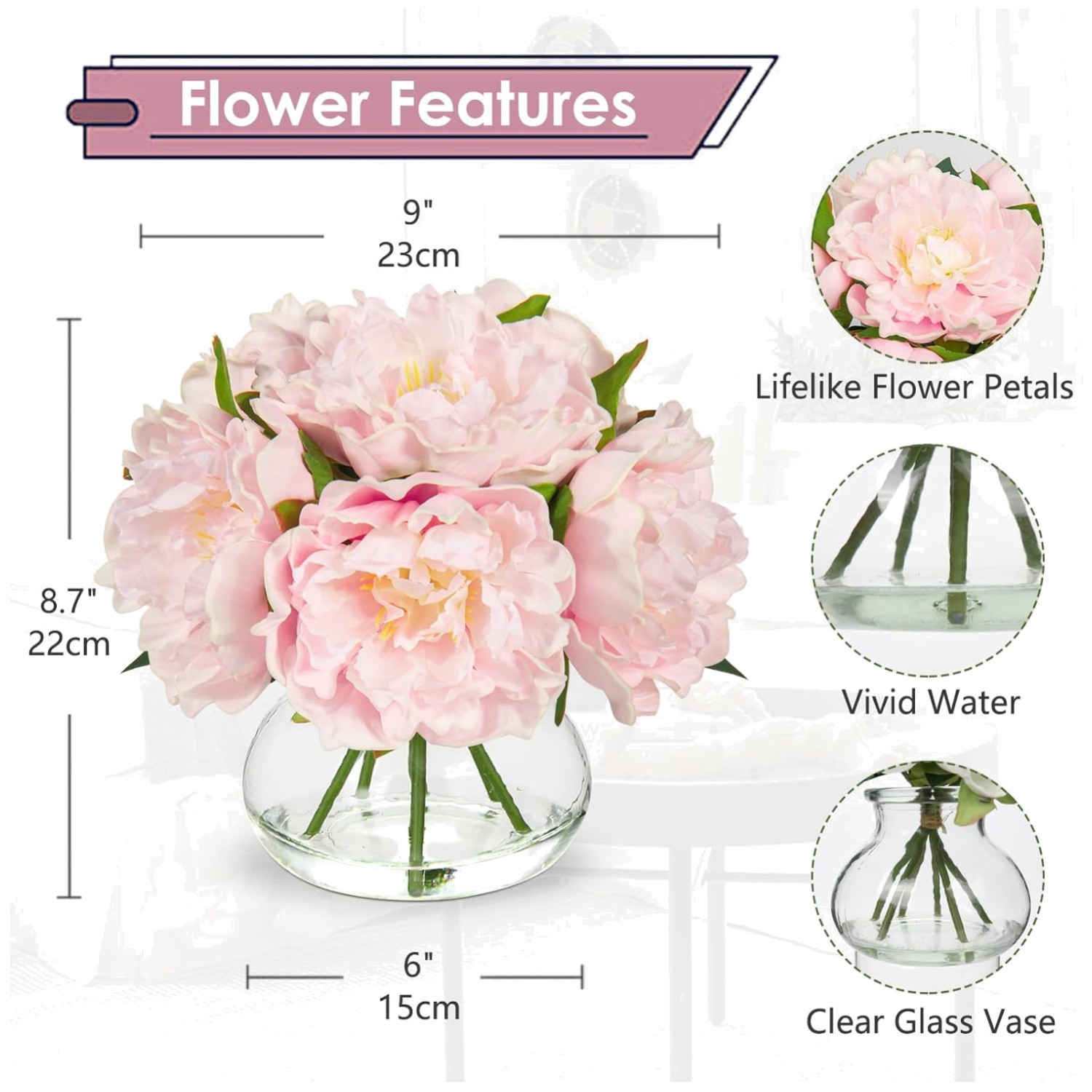 Artificial Peony Flowers with Faux Water