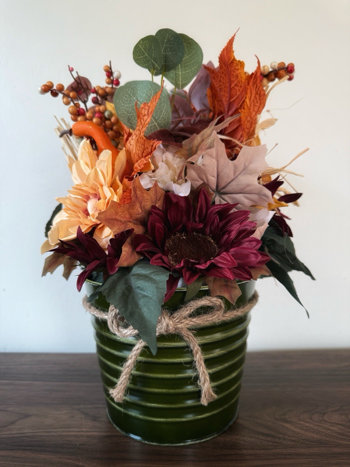Handmade Fall Colors Centerpiece In A Warm, Festive Tin With Silk Flowers