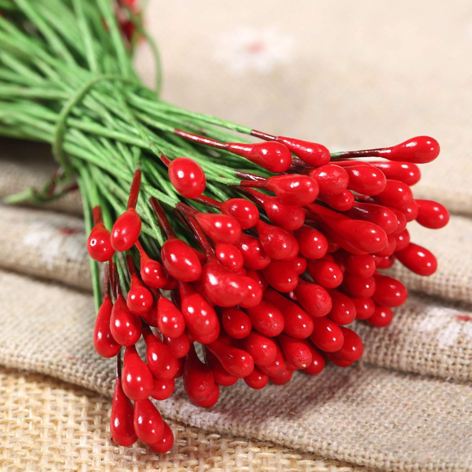 100Pcs Artificial round Flower Stamens Red Double Sided Holly Berries on Wire Wr