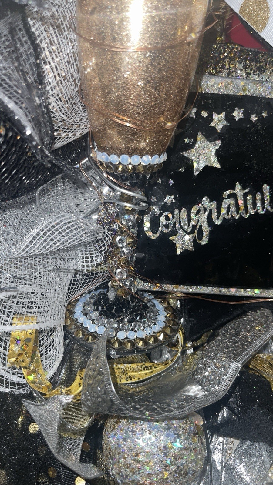 Graduation Wreath Black Gold Congrats Deco Mesh Door LED Party Decor