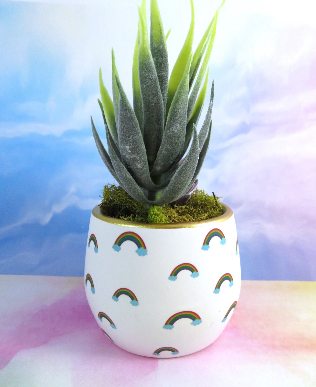 Mini Rainbows Ceramic Planter With Artificial Succulents Gold Rim 2.5 Inch New