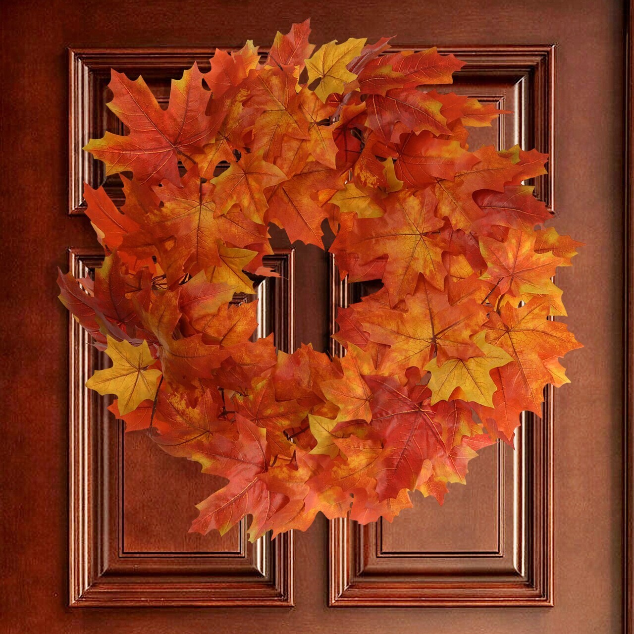 Artificial Maple Leaf Wreath Realistic Silk Burnt Orange Leaves Hanging Loop