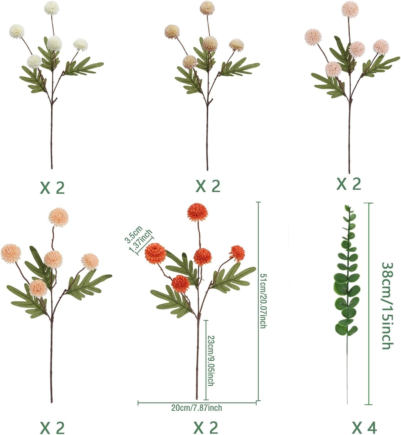 10pcs Faux Mixed Color Kiku Flowers, 5 Heads Each Stem & 4 Branches Eucalyptu…