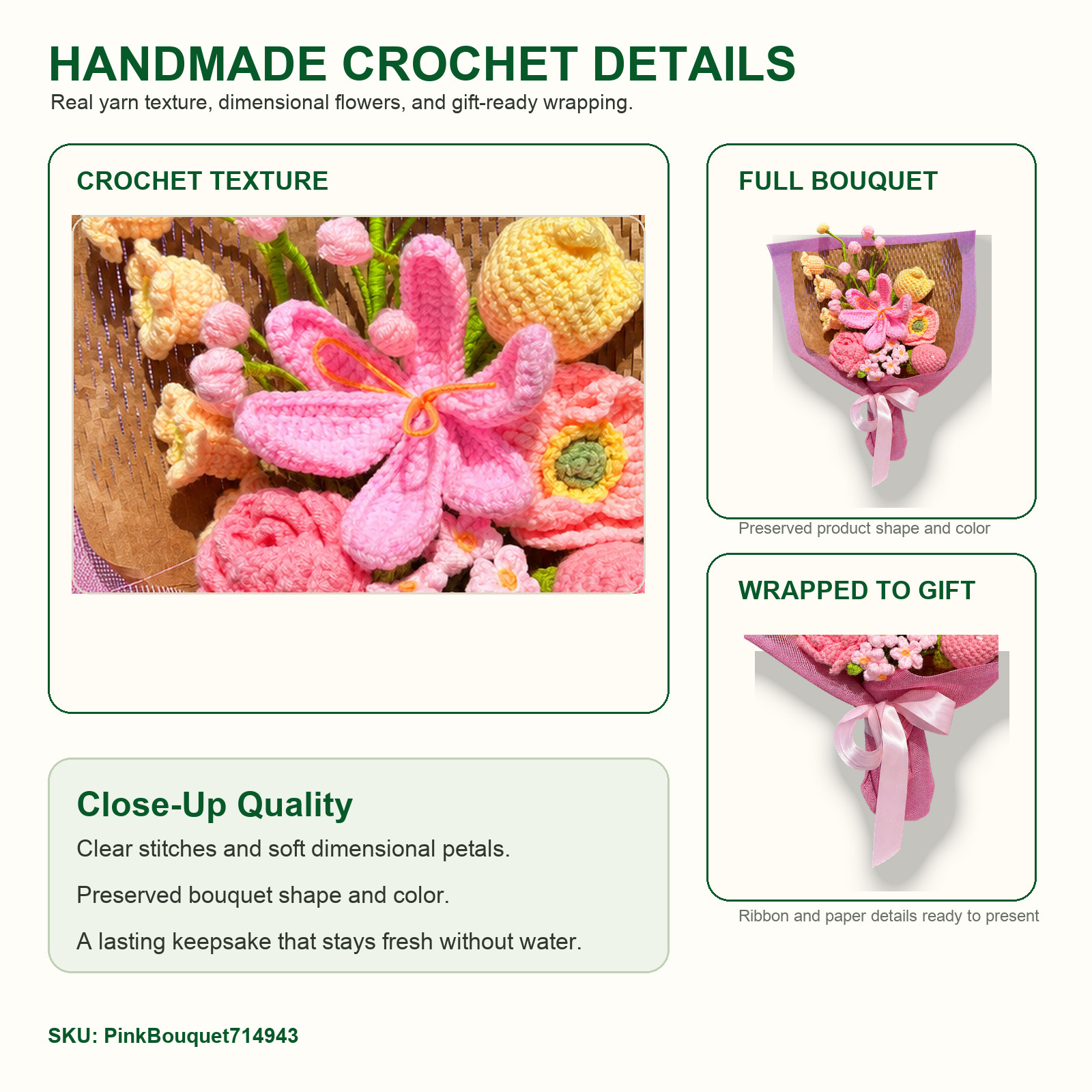 Pink Lily Crochet Flower Bouquet with Vase Birthday Gift Decor