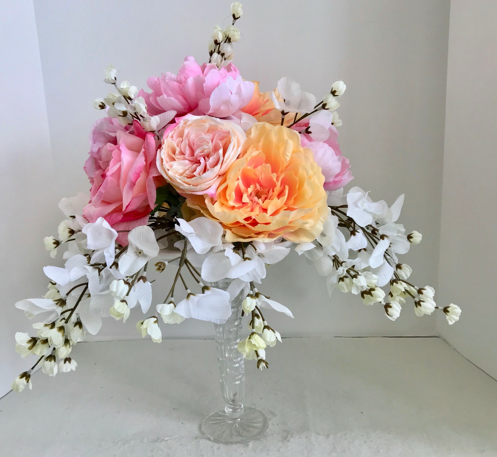 Floral Arrangement Centerpiece Multi-Colored Silk Flowers Cut Glass Vase