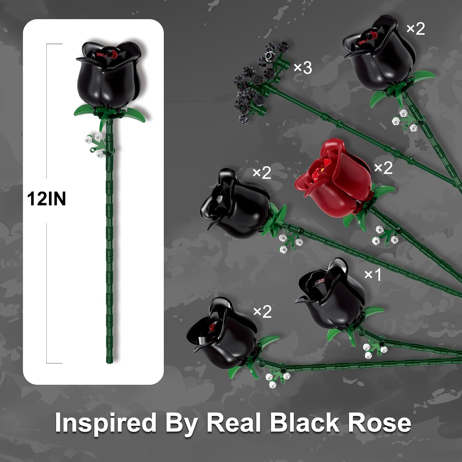 Flowers Bouquet Building Set for Adults, Botanical Collection, Black Roses
