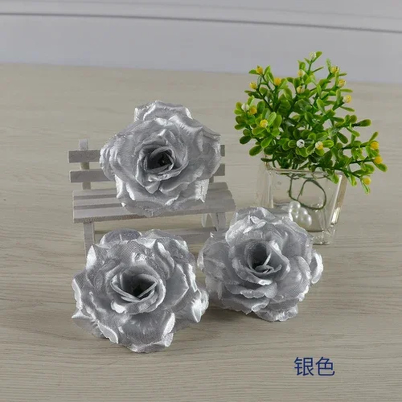 8cm Gold/Silver Artificial Rose Silk Flower Heads for DIY Decor