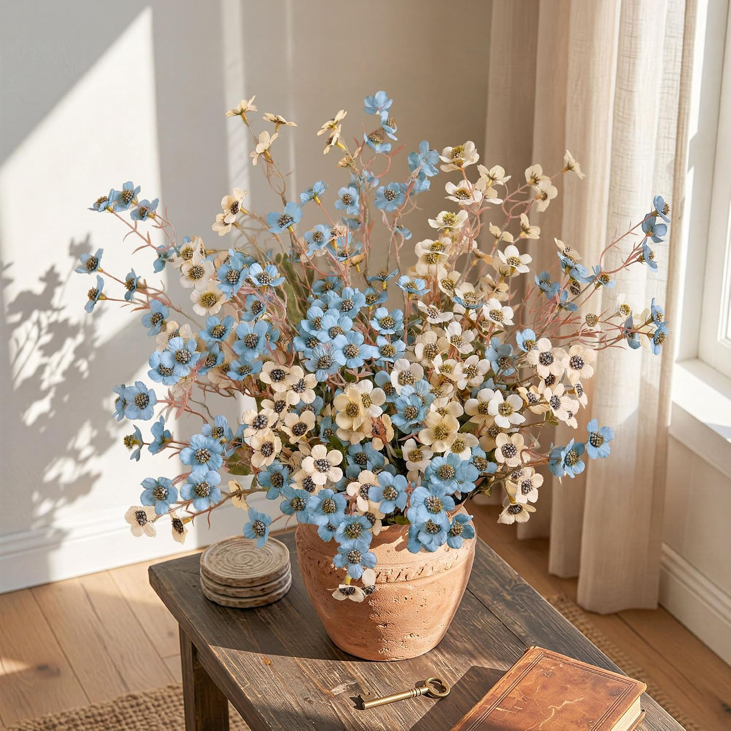 12 Pcs Artificial Wild Flowers – Blue Ivory Silk Faux Floral Decor for Home