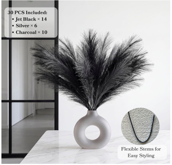 30Pcs Black Gray Pampas Grass Decor, 22” Fluffy Faux Pampas Grass Branches for