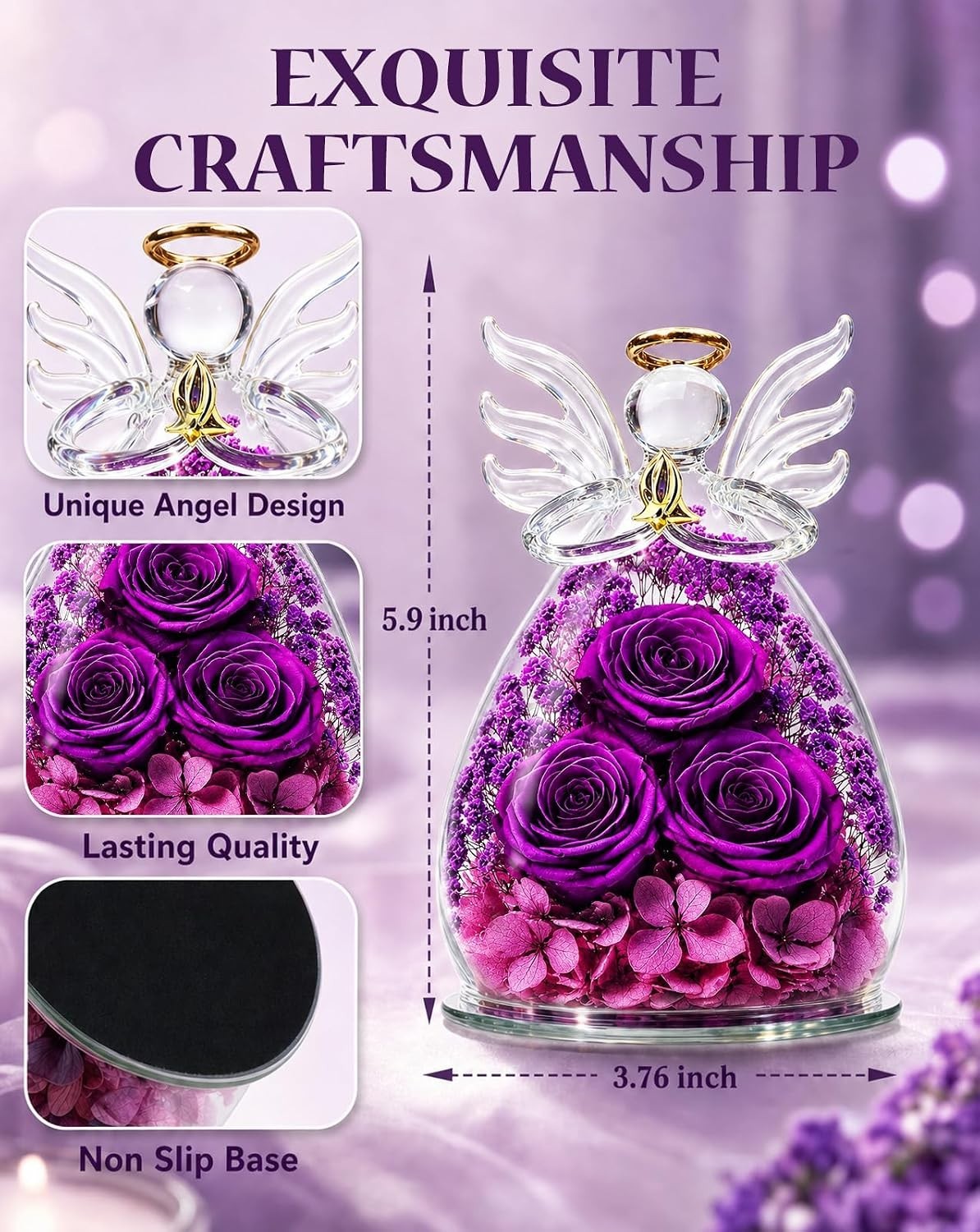 Lighted Guardian Angel Amethyst Color Preserved Flower for Loss Strength & Love