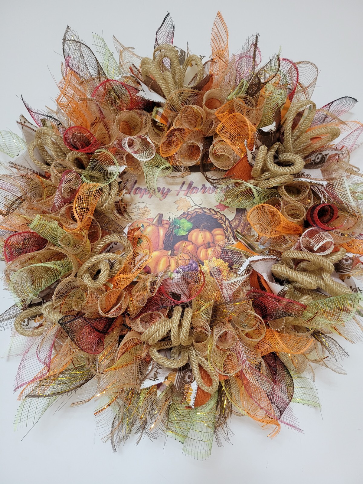 HAPPY HARVEST autumn Spring Mesh Front Door Wreath Wall Decor Bright colors