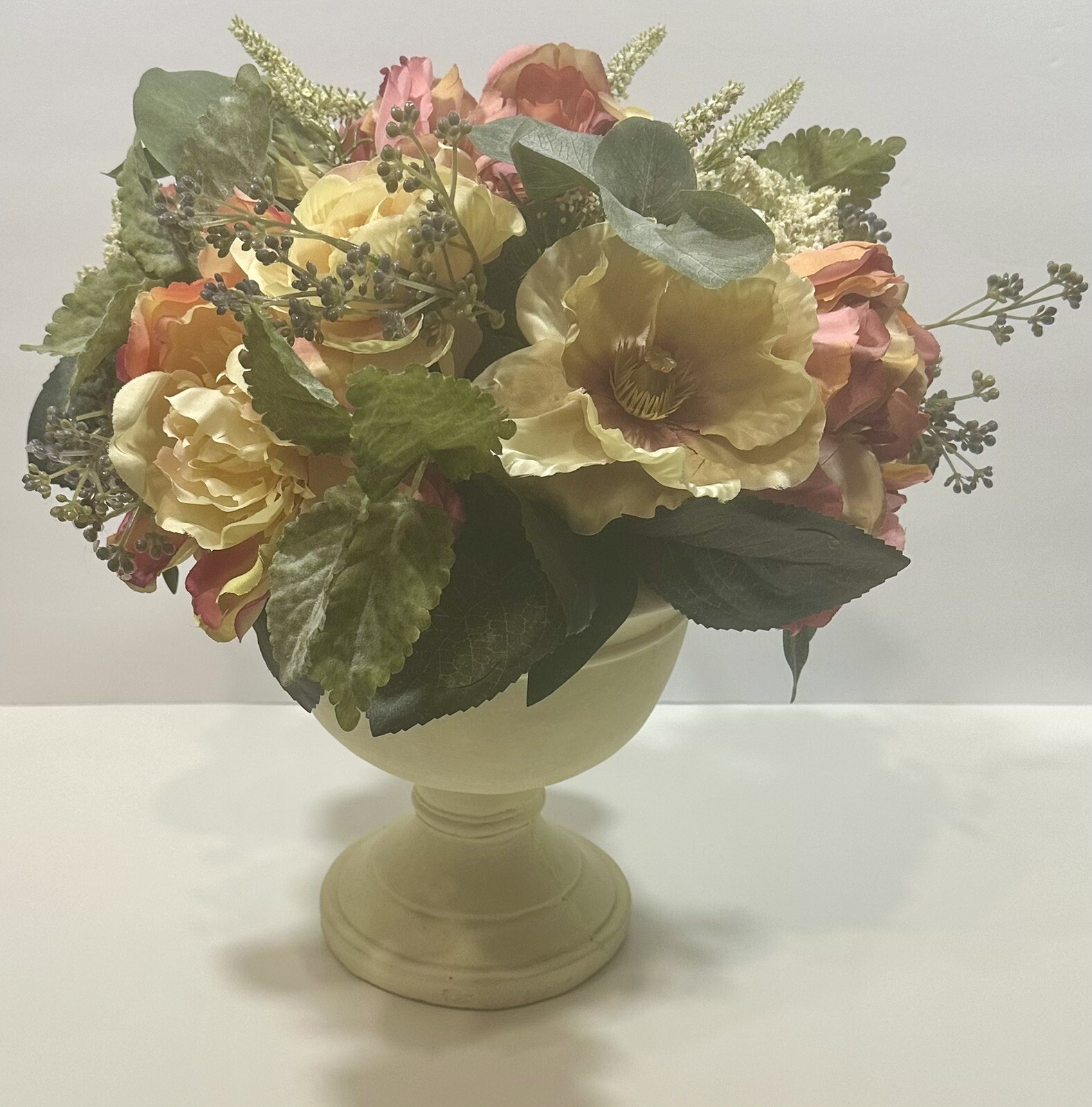 Artificial Spring Floral Bouquet in Stone Urn 14″ Faux Silk Centerpiece