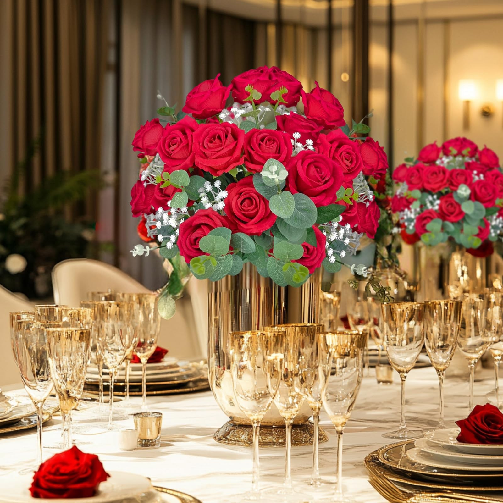 10 PCS Velvet Fake Red Roses Artificial Red Flowers Bulk, Silk Faux Roses wit…