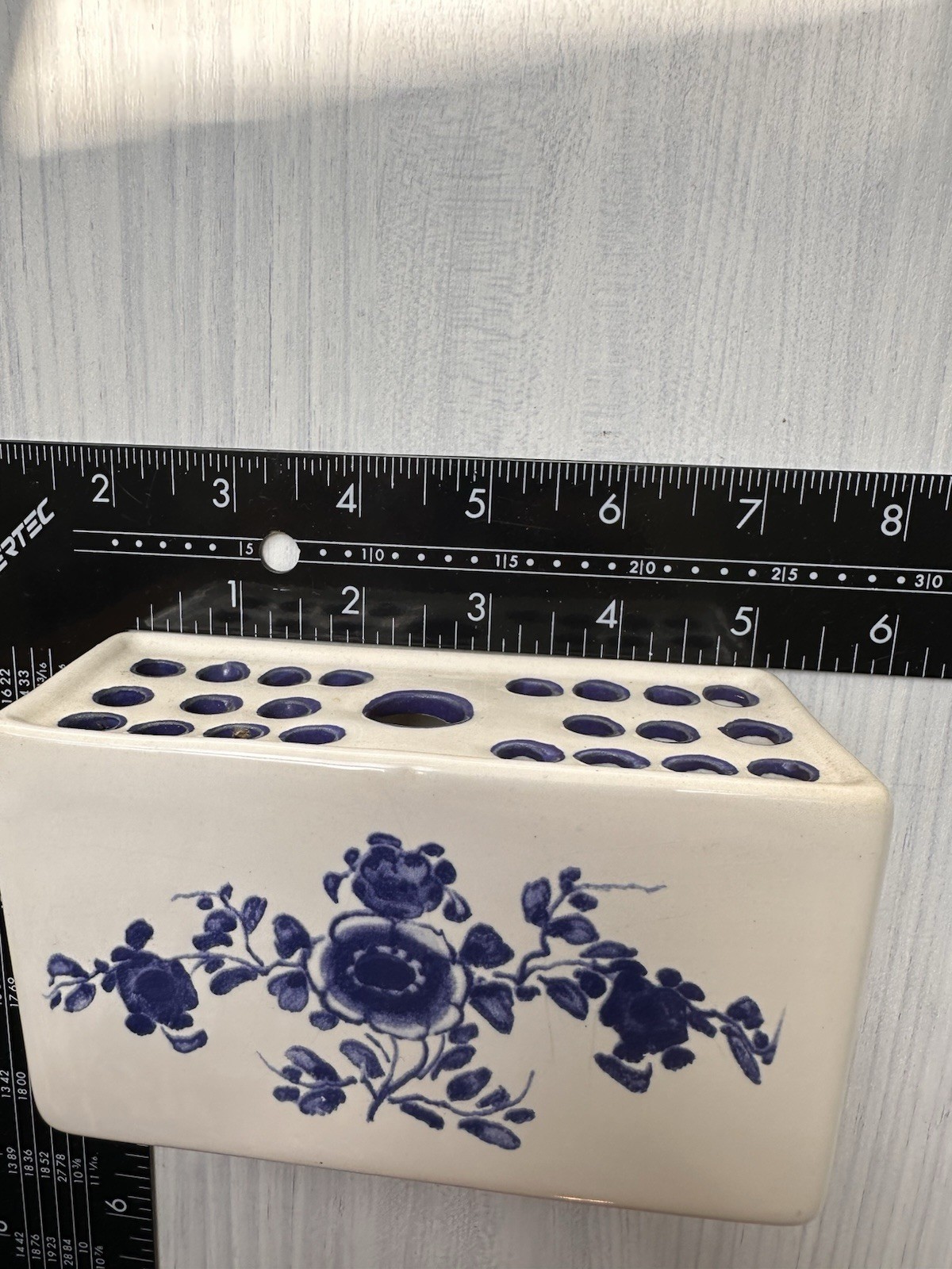 Hand Painted Ceramic Blue and White Flower Frog Vase, 1992 Made in Portugal