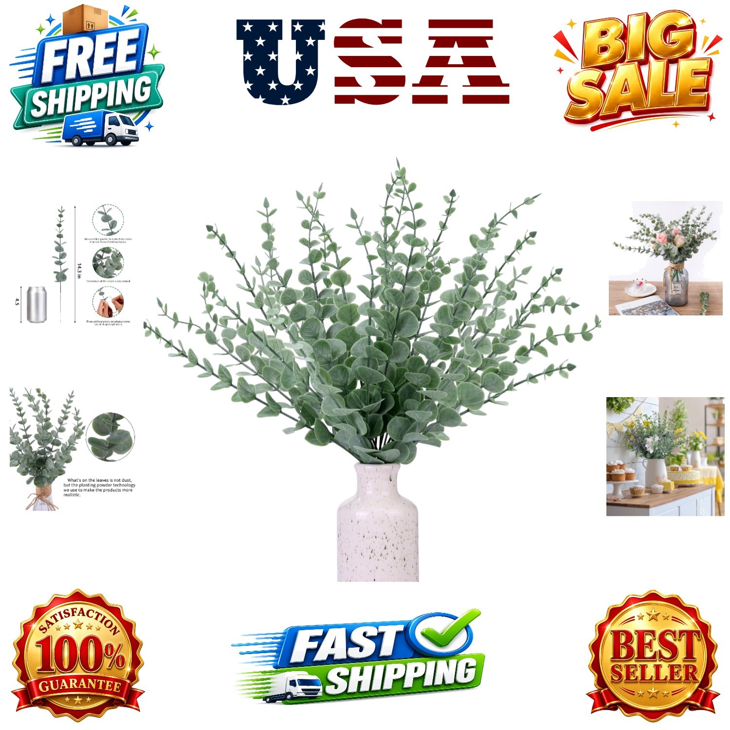 24pcs Eucalyptus Stems Artificial Eucalyptus Leaves Fake Greenery Branches Fa…