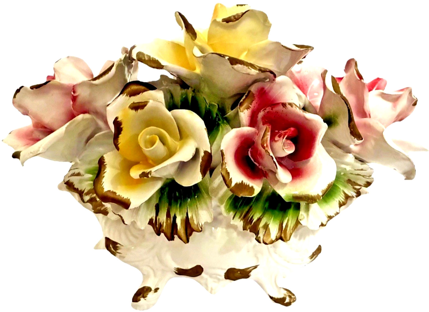 Vintage Capodimonte Italian Porcelain Pink and Yellow Seven Rose Centerpiece