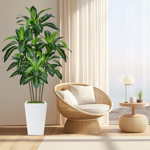 6FT Artificial Dracaena Tree, Fake Tree Indoor with White Tall White-6ft