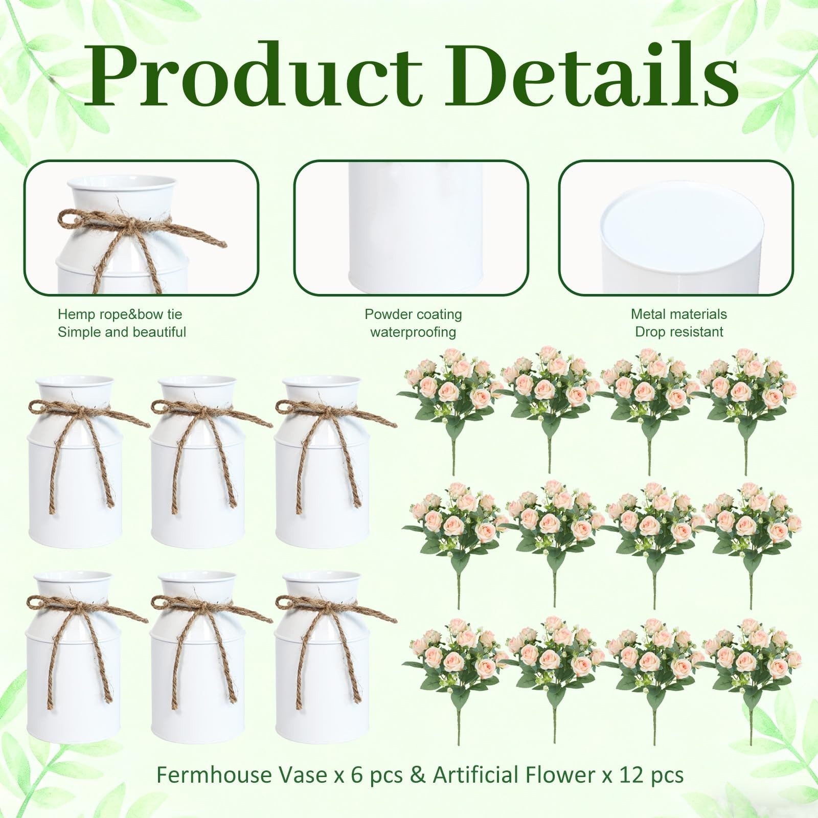 Farmhouse Faux Rose Flower Arrangements – Set of 6 for Table Centerpieces, Home