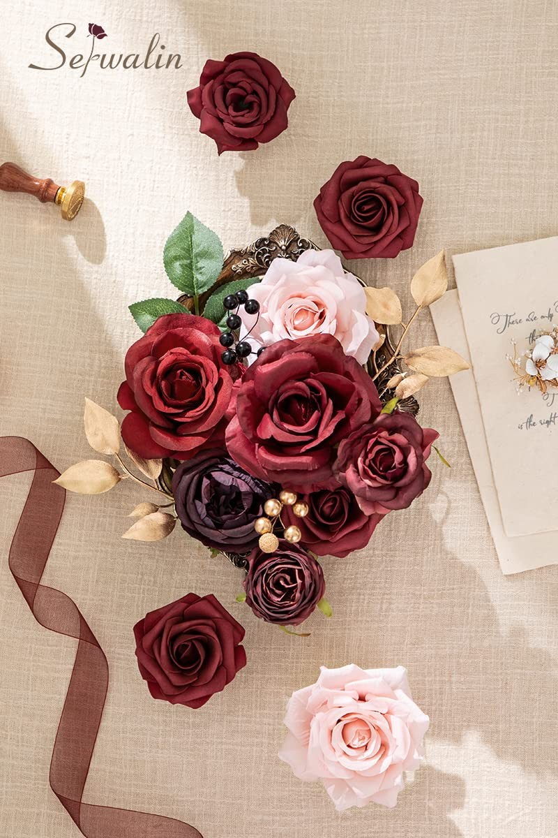 Burgundy, Pink Silk Fake Flowers, DIY Wedding, Deep Red, Cake, Bridal Bouquet