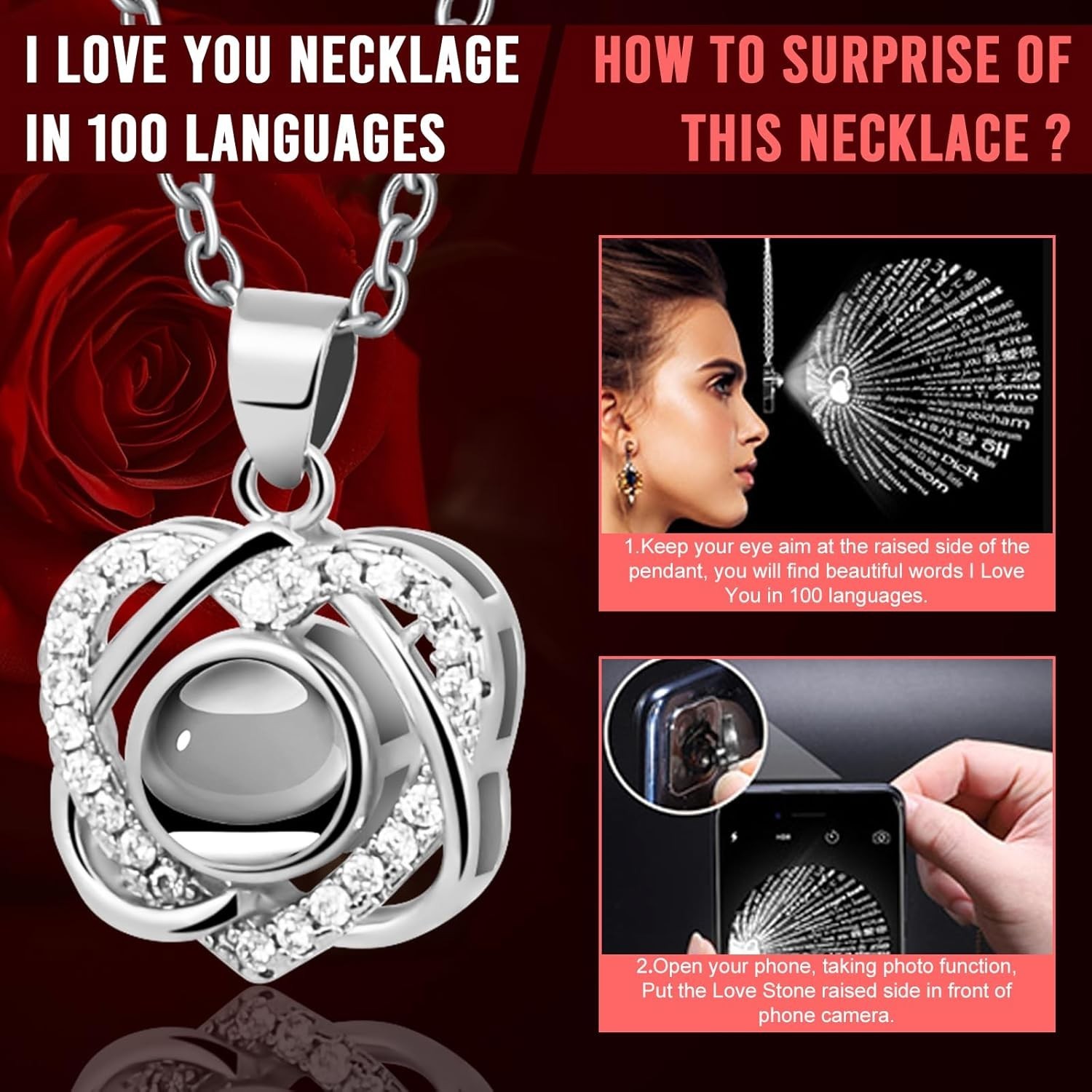 Ledoira Preserved Real Rose Forever Flowers with Heart I Red With Necklace