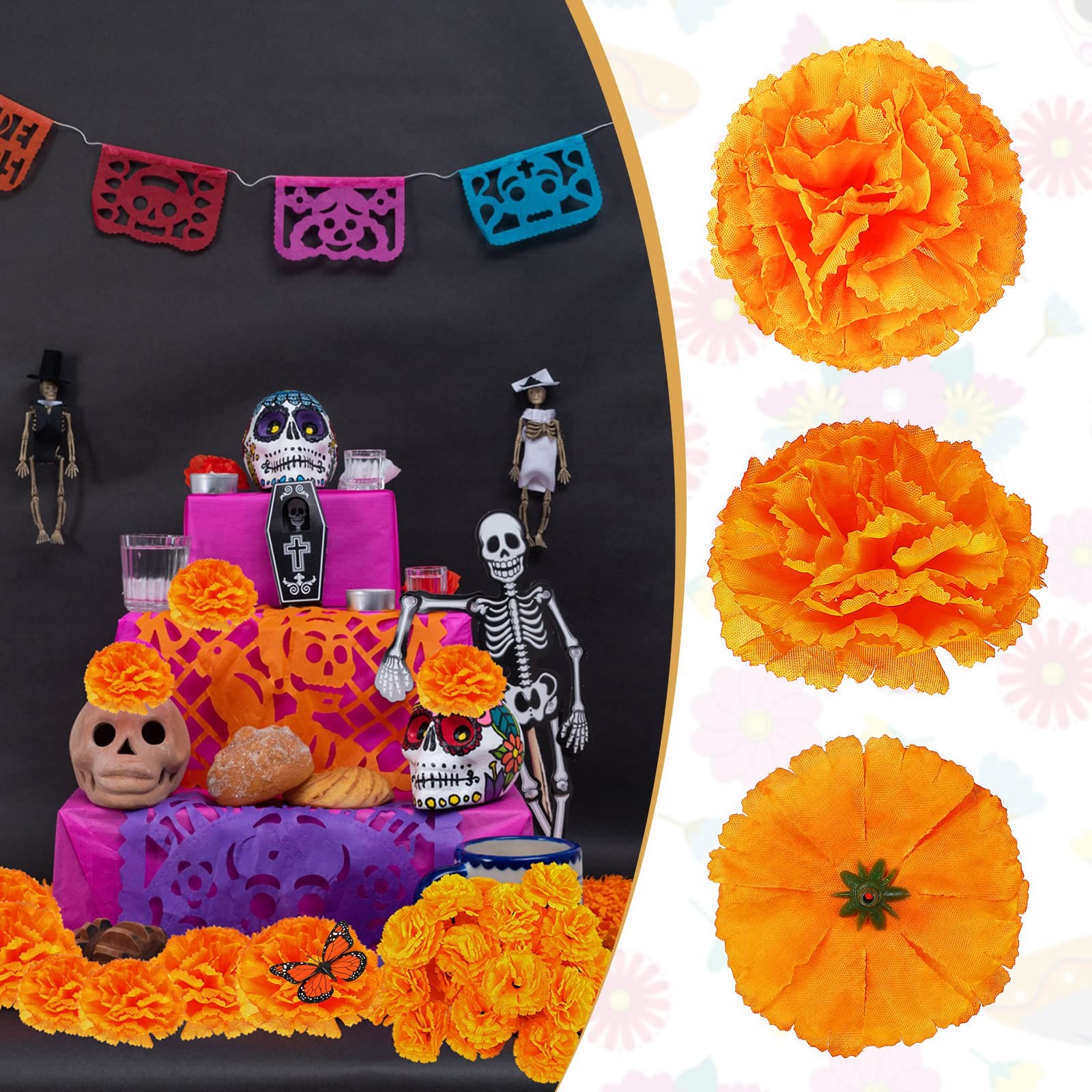 60 Artificial Marigold Flowers with Stem 20 Monarch Butterfly Day of The Dead…
