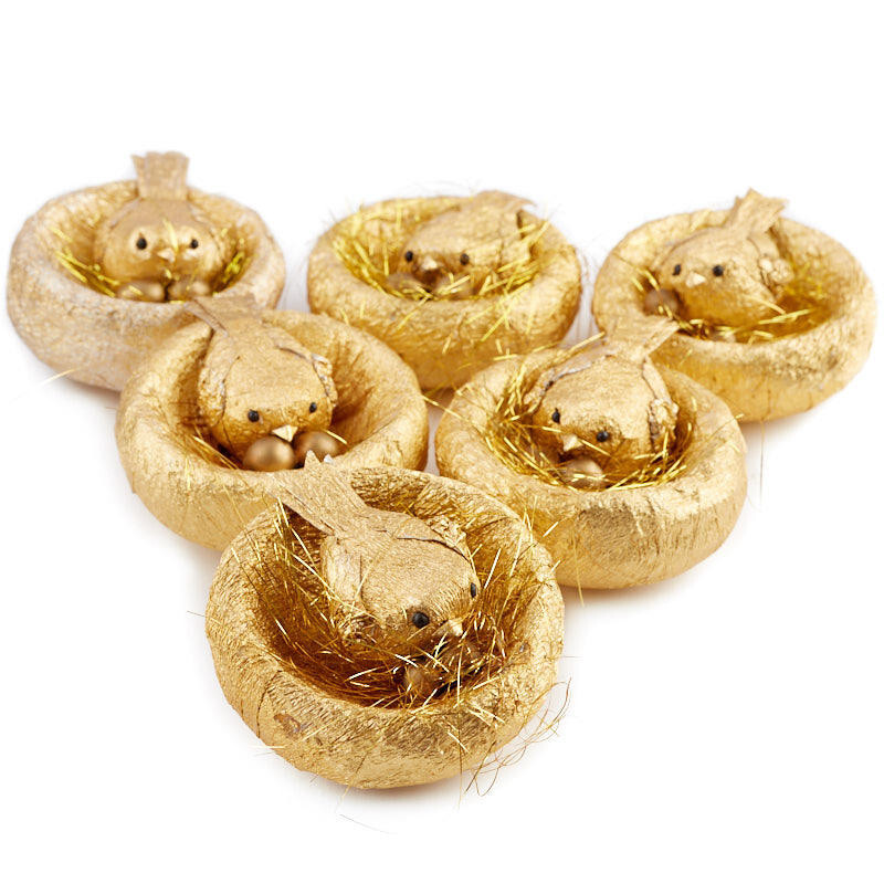 Set of 12 Metallic Gold 3-1/2″ Bird Nest with Bird Displays