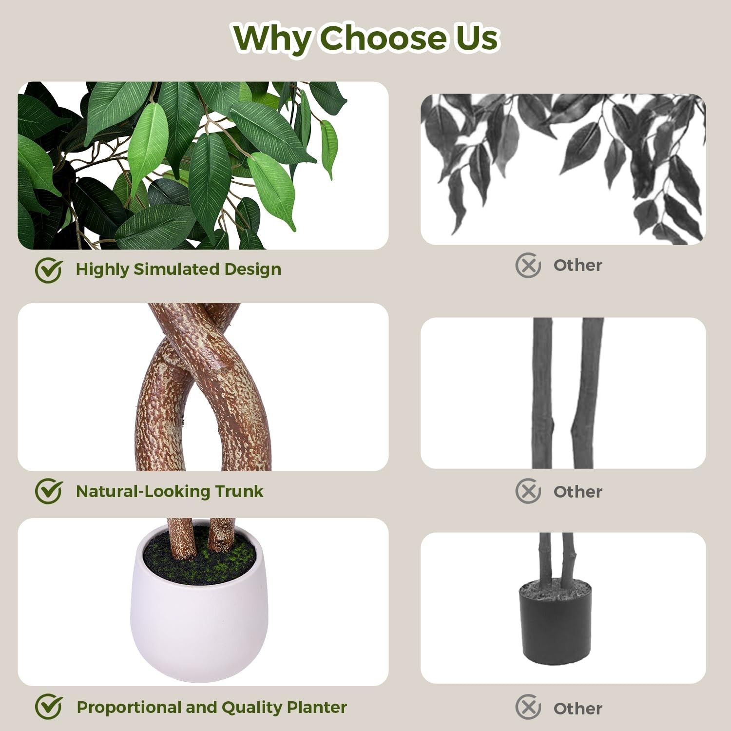 Jocoevol 5FT Artificial Ficus Tree, Tall Faux Trees Indoor White Planter, Dried