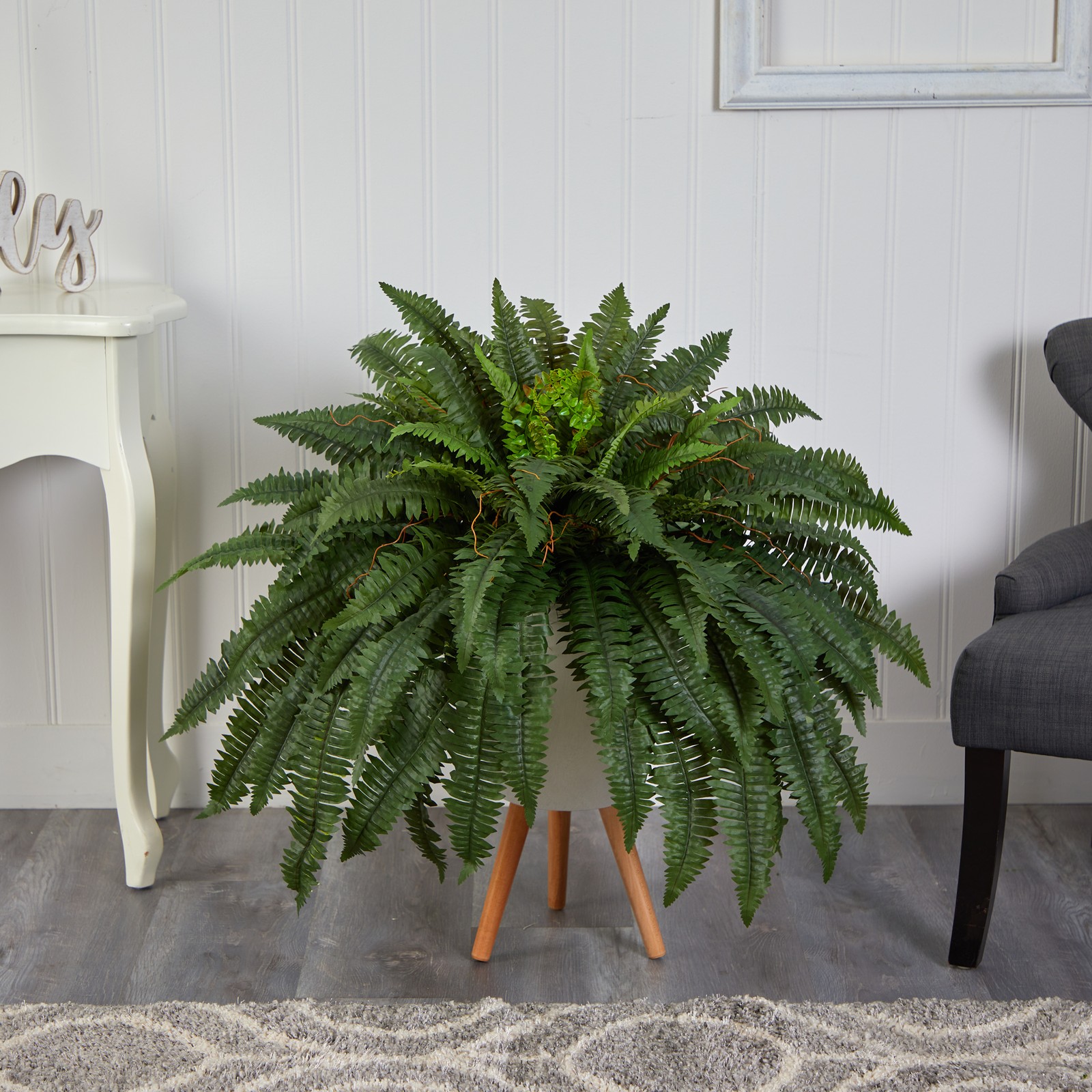 Nearly Natural 2.5ft Boston Fern Artificial Plant in White Planter with Legs