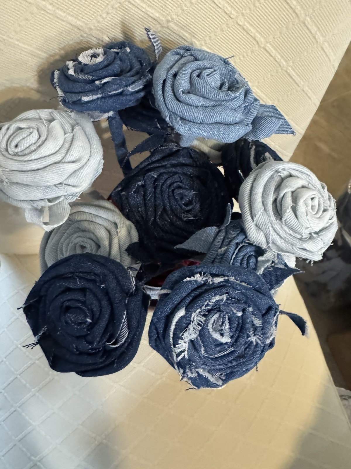 12 (a Dozen) Handmade Denim Roses, Upcycled Vase, Birthday, Mother’s Day, Easter