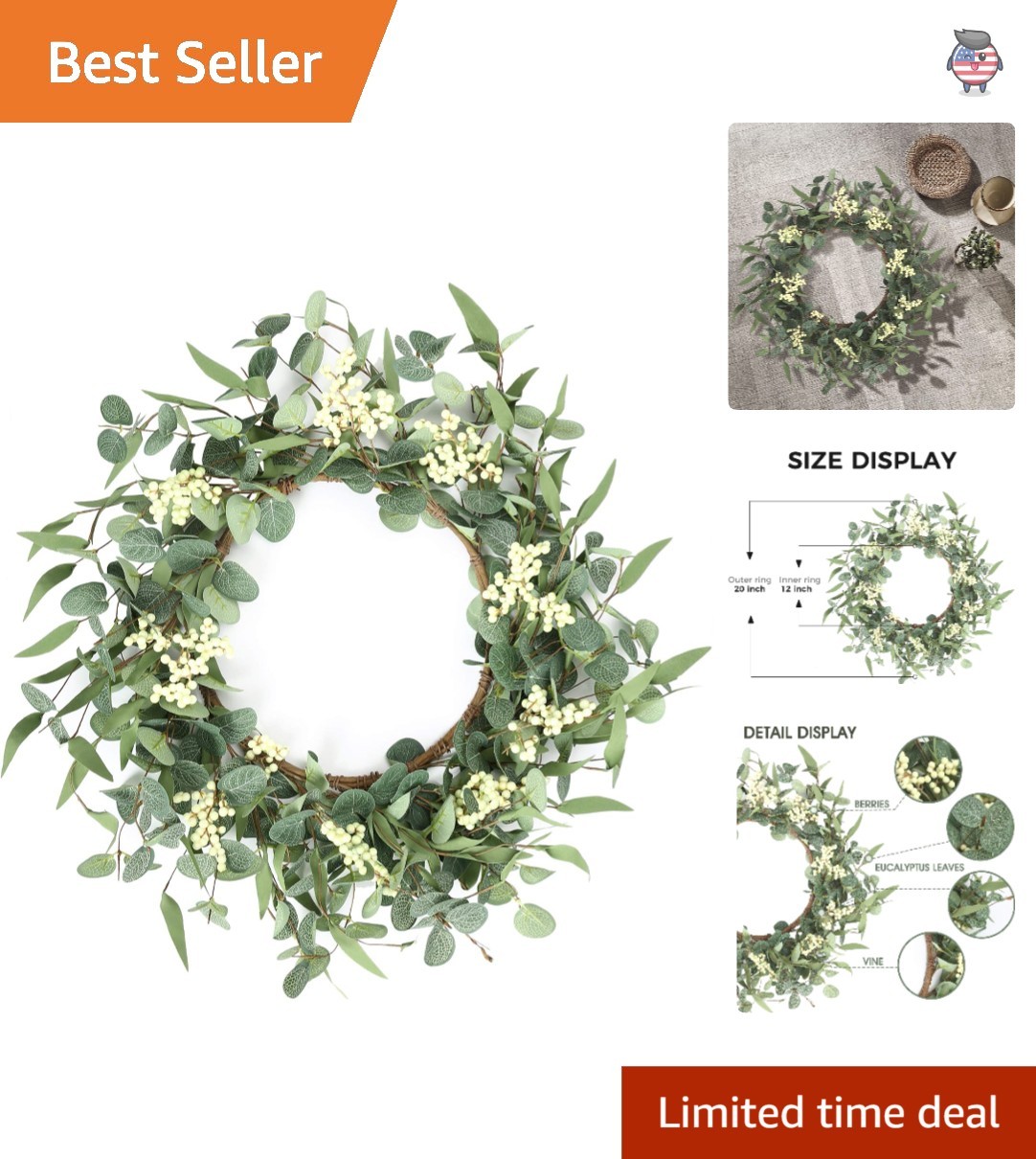 Chic 20” Eucalyptus Wreath with White Berries – Perfect for Weddings & Home