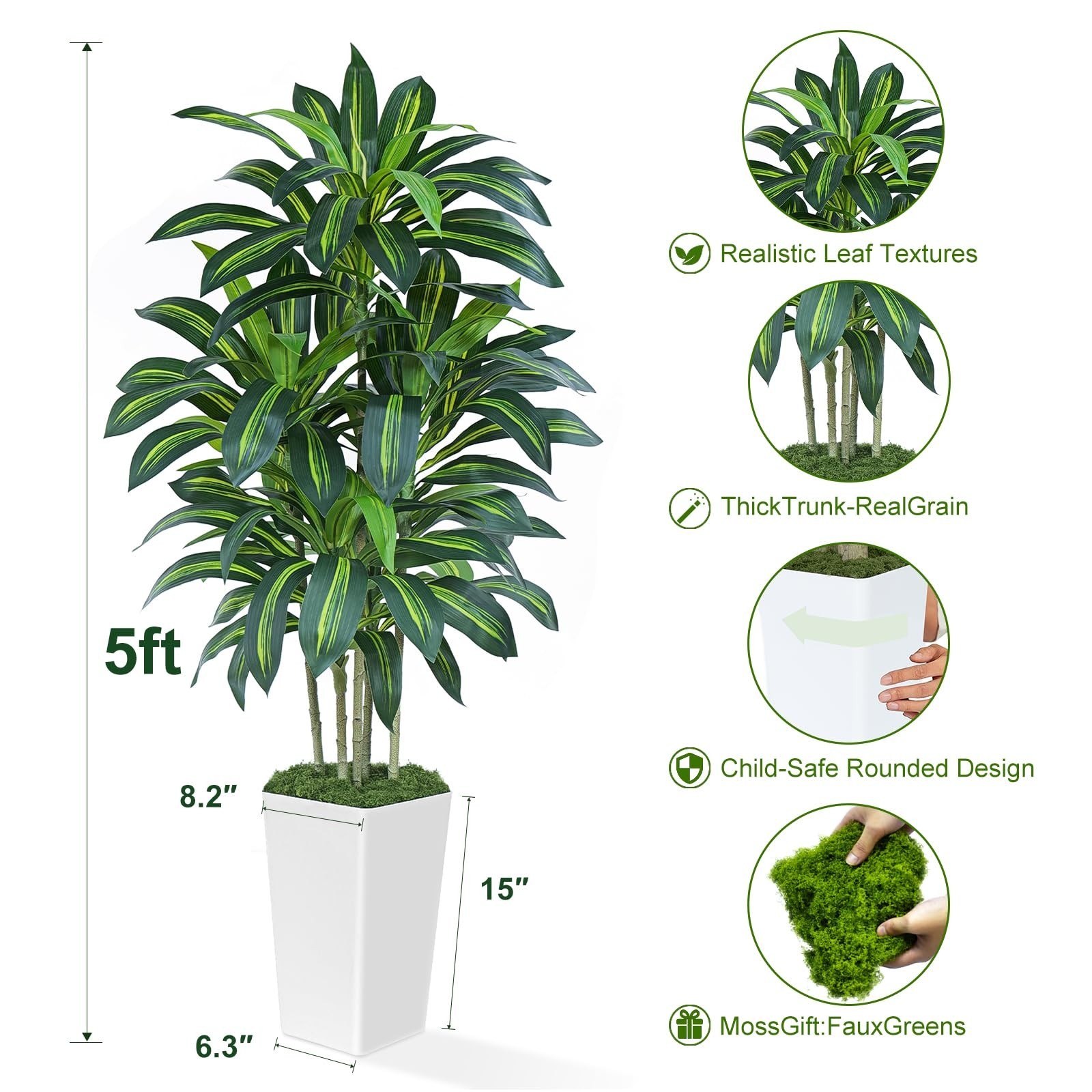 Keeplush 5FT Artificial Dracaena Tree – High-Density Foliage Fake Plant White