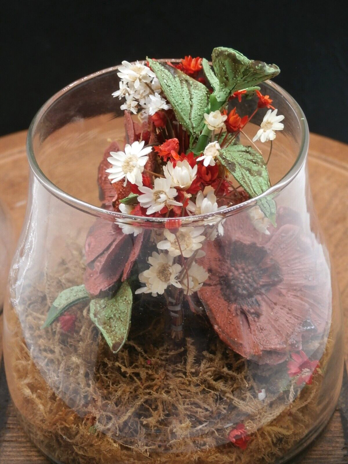 Vtg Mushroom-Shaped Glass Terrarium w/Dried Flowers Wood Stand Leonard Creations