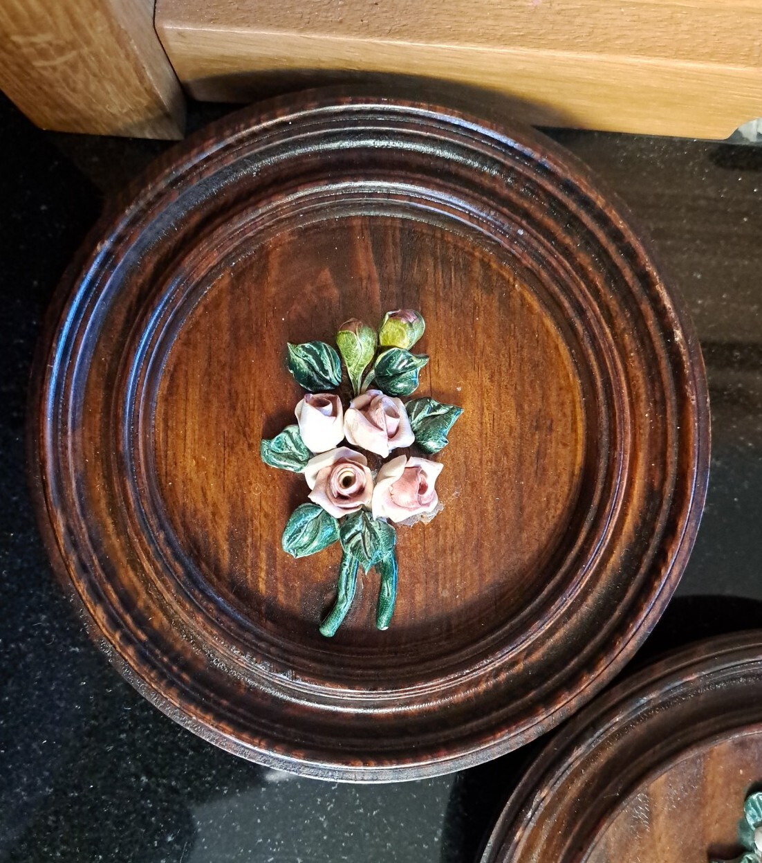 Vintage hand crafted flowers roses art on hand turned dark wood plaques set of 3