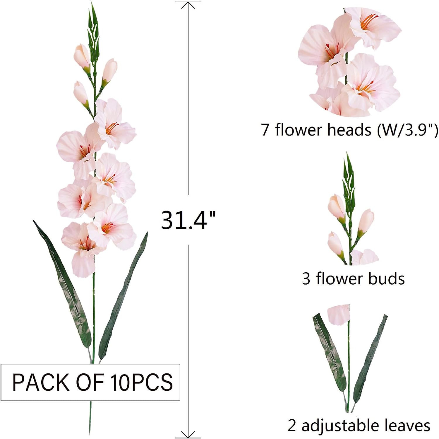 Pack of 10 Pink Artificial Gladiolus & Dendrobium Flowers for Decor