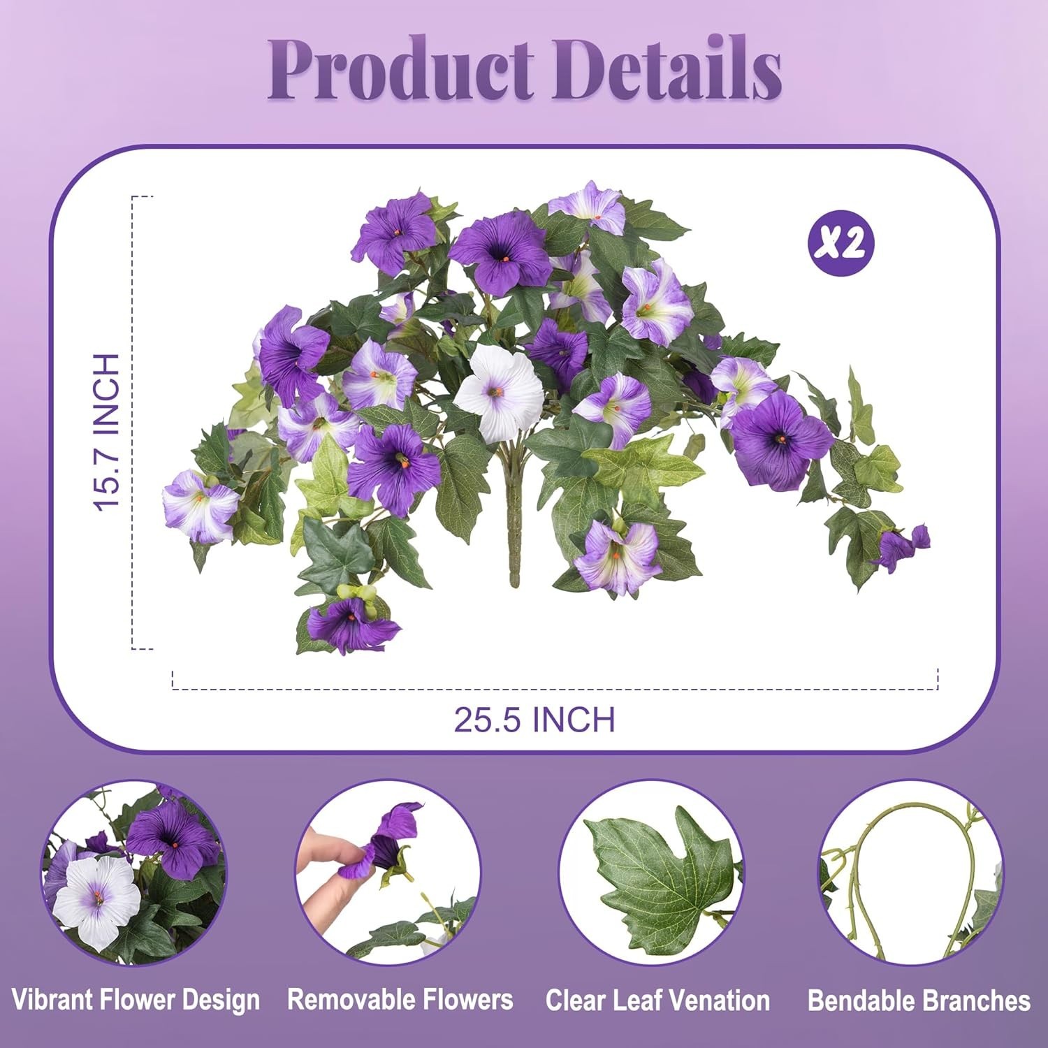 Realistic 2PCS Purple & White Fake Petunias – Maintenance-Free Floral Accents