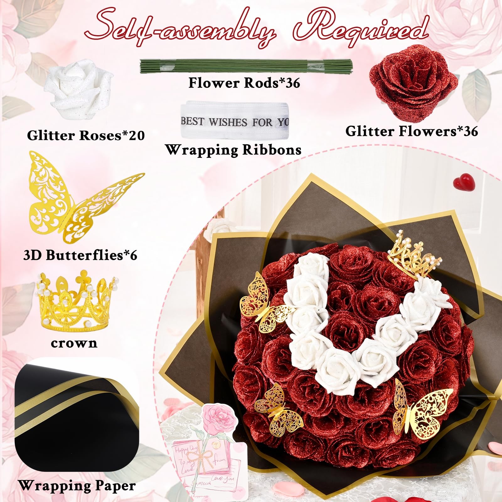 36+20 Glitter Roses Bouquet, DIY Fake Flowers Bouquet, Craft The Initials of …