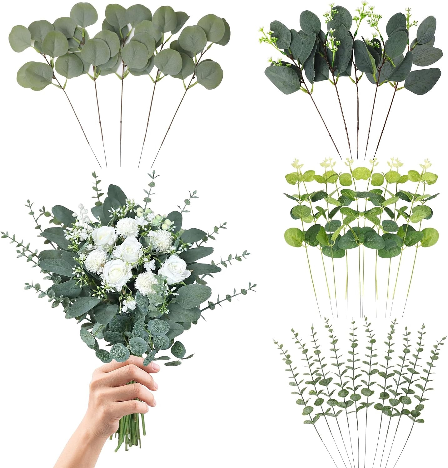 Eucalyptus Leaves Stems 30 PCS, 4 Kinds Mixed Artificial Greenery Stems for Wedd