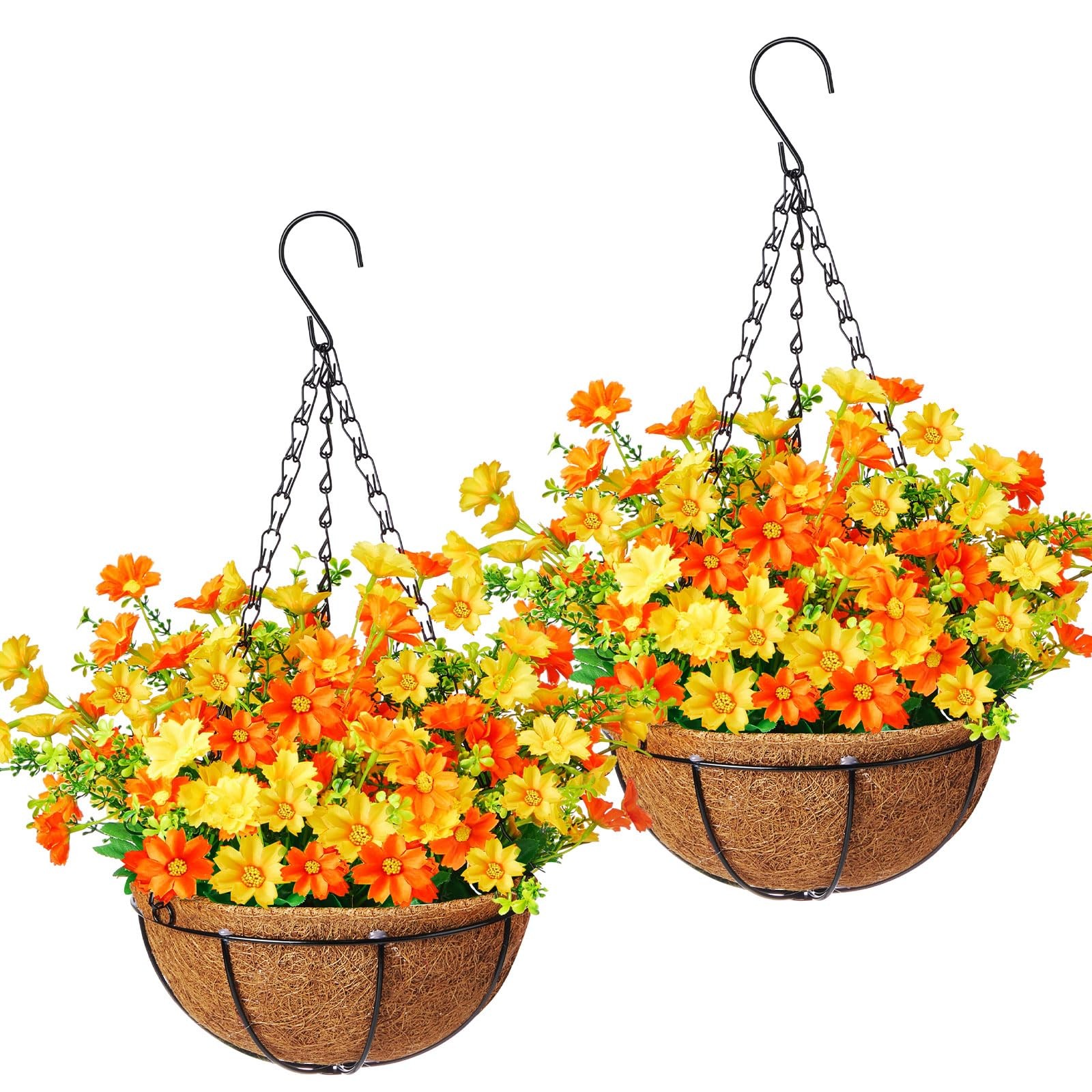 2 Pack Artificial Hanging Basket with Daisy Flowers, 12 Inch Faux Hanging Flo…