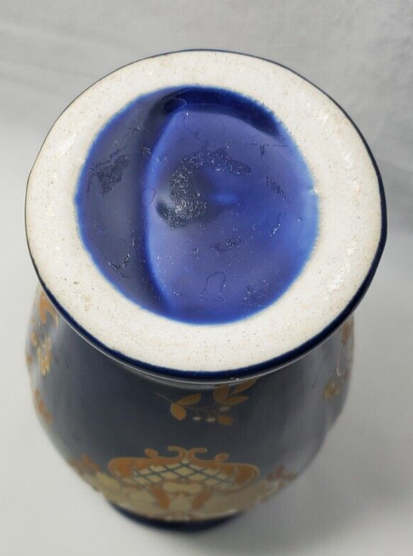 Hand-painted Dark Blue With Gold Floral Porcelain Vase 8″H