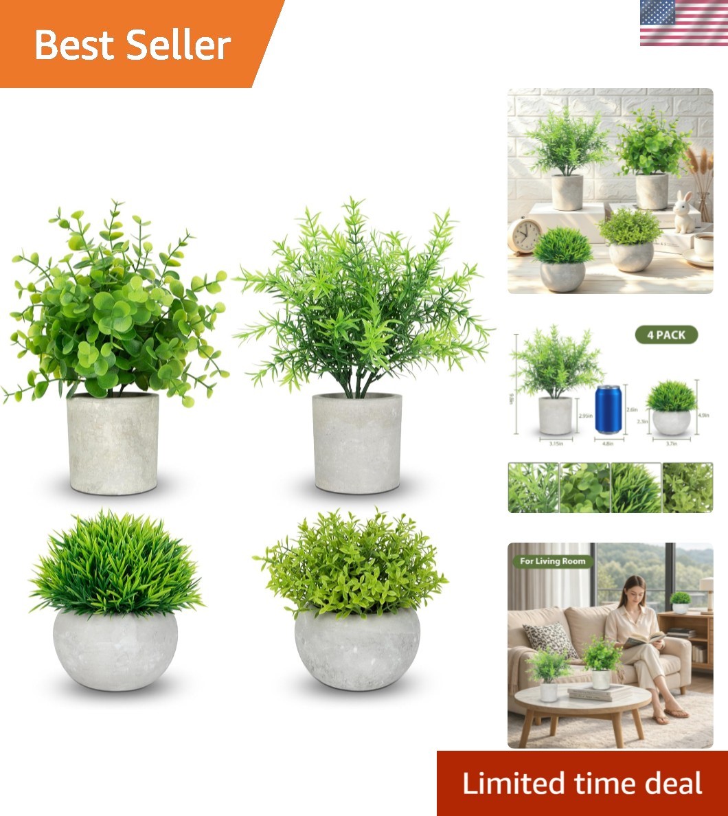 4 Pack Small Fake Plants Indoor, Mini Potted Artificial Plants Eucalyptus Ros…
