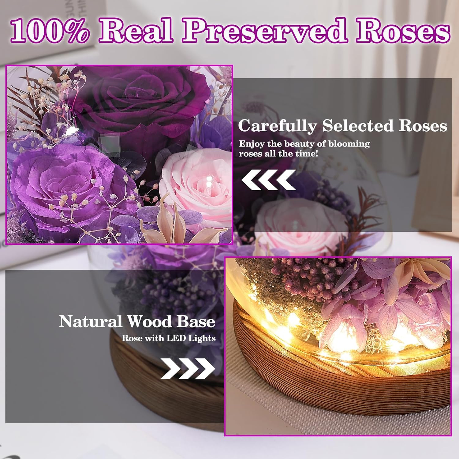 Regalo para mujer mama flores preservadas en domo vidrio rosas eternas moradas