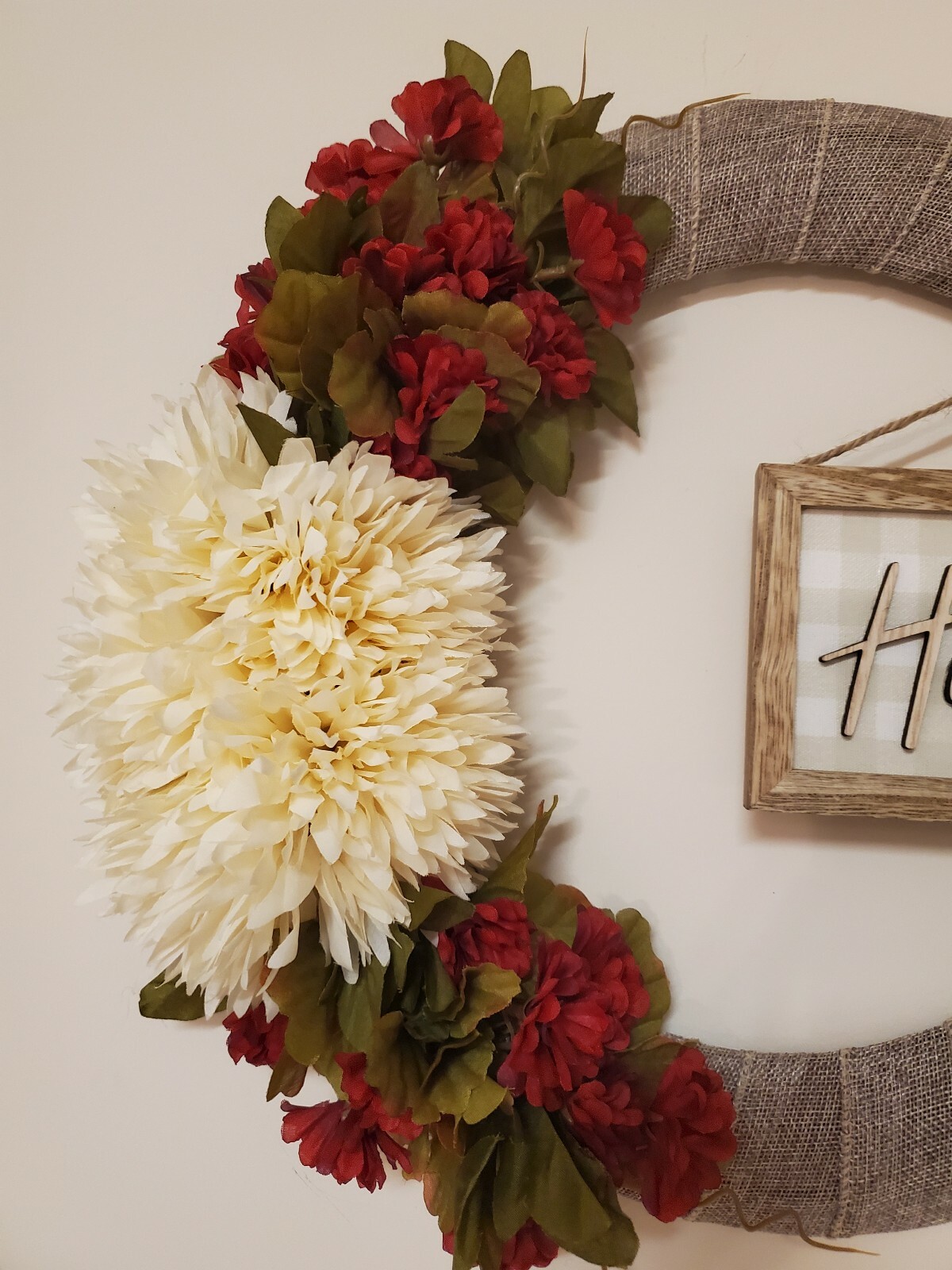 HARVEST fall FLOWER chrysanthemum mums red burlap WREATH autumn Decor Front Door