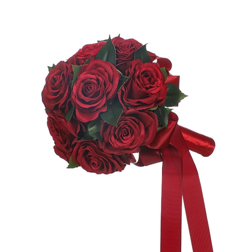 Wedding Bouquets Ribbon Artificial Dark Red Rose Bride Holding Flower