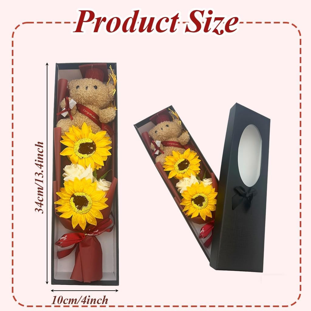 2026 13″ Graduation Bear Bouquet Rose Sunflower Scented Soap Flower Bouquet Mini